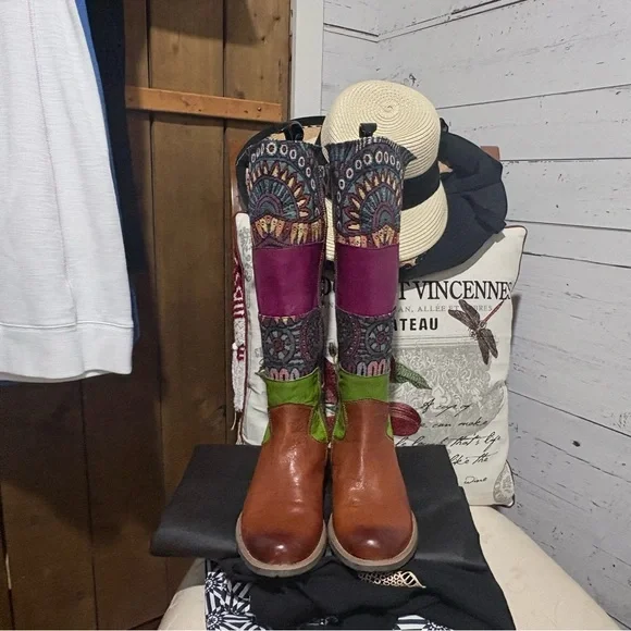 Multicolor to the-Knee Women's Boots in Brown, Green & Magenta - Picture 2 of 6